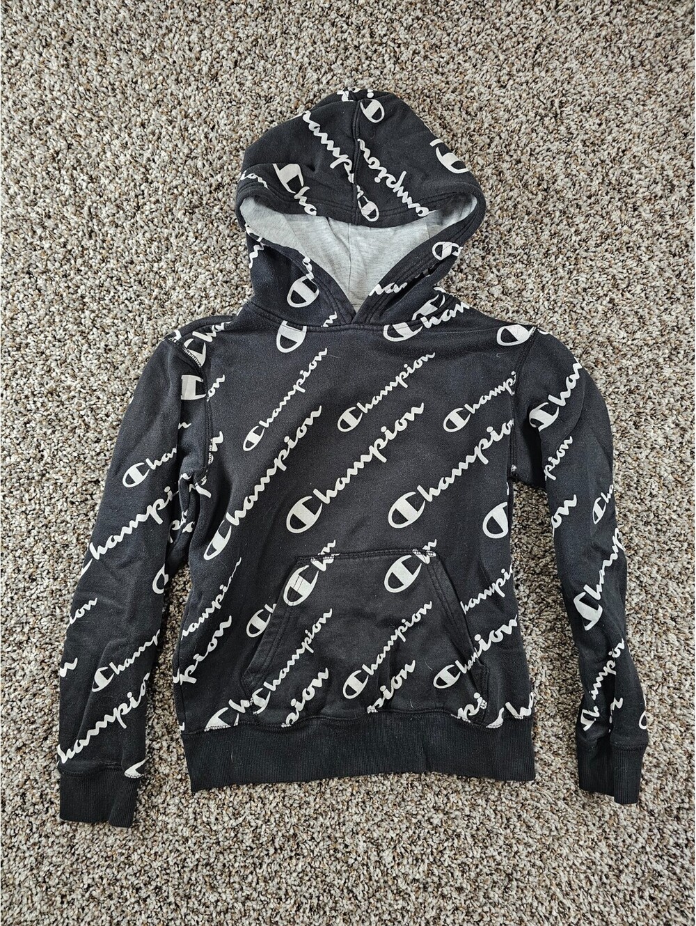 Champion Boys Sz M Pullover Athletic Hoodie Black White All Over Spell Out